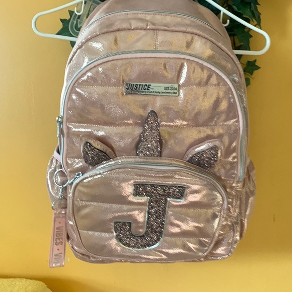 Justice Initial J Backpack Shiny Pink with Univorn Decor 3 Compartment - Picture 1 of 6